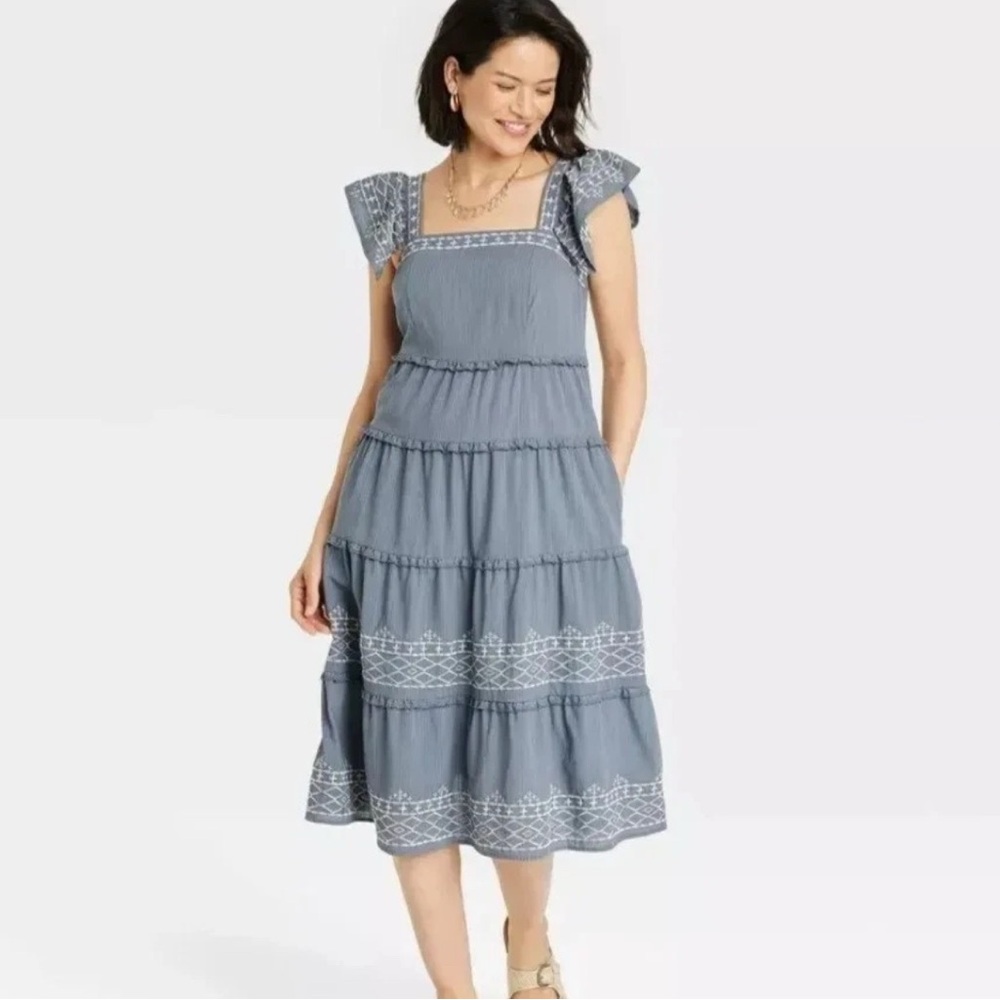 Knox Rose Steel Shore (Color) Tiered Embroidered Sundress Size Small